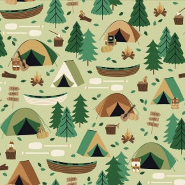 Campground on Moss Fabric, Camping Crew, Camping Fabric, RJR Fabrics, 100% Woven Cotton, RJ1600-MO2