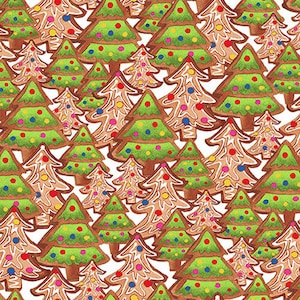Christmas Tree Cookies on White Fabric, Gingerbread Factory, Blank Quilting, 100% Woven Cotton, GINGERBREADF-B-1625-01