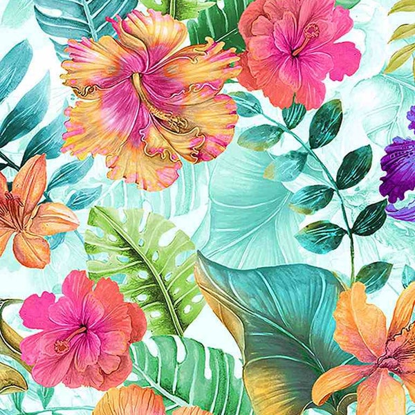 Hibiscus Flower Fabric, Tropical Paradise, Timeless Treasures, FLEUR-C7222, 100% Woven Cotton