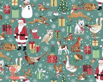 Friends on Teal Fabric, Country Christmas,  Andover Fabrics, MU-230-T
