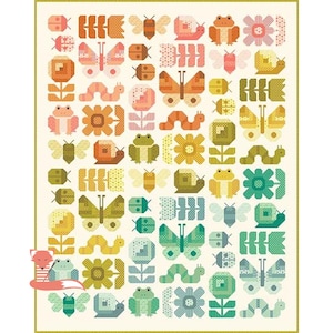 May include: A colorful quilt featuring a repeating pattern of stylized insects and flowers. The design includes butterflies, snails, caterpillars, and frogs in shades of orange, green, yellow, and pink on a cream background.