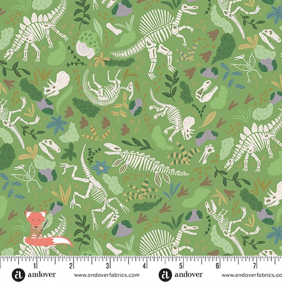 Fossils Green Fabric, Dinosaur Fabric, Prehistoric, Makower UK, 100% Cotton, MU-167-G