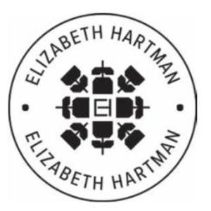 May include: A circular black and white logo with the text "ELIZABETH HARTMAN" in a curved font around the outer edge. The logo features a central geometric design with the letter "E" in the middle.