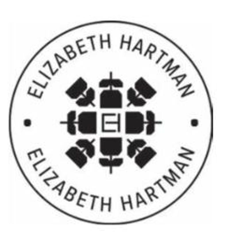 May include: A circular black and white logo with the text "ELIZABETH HARTMAN" in a curved font around the outer edge. The logo features a central geometric design with the letter "E" in the middle.