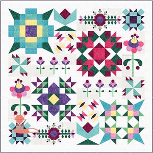 May include: A square quilt featuring a patchwork design with various geometric and floral blocks. The pattern includes stars, stylised flowers, and a small orange fox illustration. The colour palette consists of teal, magenta, purple, yellow, and green on a white background.
