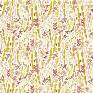 May include: A cream-coloured background with a repeating pattern of stylised botanical elements. The design features olive green, pink, and burgundy leaf shapes, flowers, and geometric forms, creating a whimsical and organic aesthetic.
