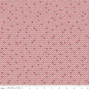 May include: Pink fabric with a repeating pattern of small red flowers and black lines forming a diamond shape.