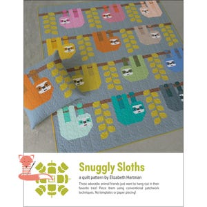 May include: A light blue quilt and pillow set featuring a repeating pattern of colorful sloths hanging from branches. The sloths are in shades of pink, orange, yellow, green, and blue. The quilt is labeled "Snuggly Sloths" by Elizabeth Hartman.
