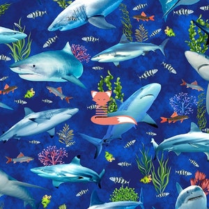 FQ, Reef Shark and Fish Fabric, Ocean Life, Digital Fabric, Timeless Treasures, CD3132 DEEP