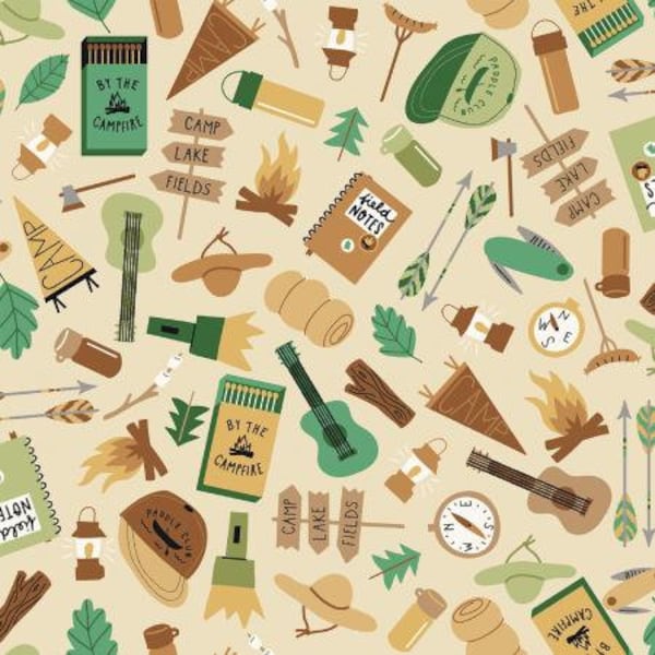 Camp Gear on Khaki Fabric, Camping Fabric, RJR Fabrics, 100% Woven Cotton, RJ1602-KH1