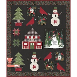 May include: A festive Christmas quilt in black and red, decorated with trees, snowmen, cardinals, and houses. The quilt has a patterned border and the text "Friends Make the Season Merry".