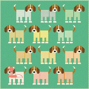 May include: A repeating pattern of cartoon dogs in various colors and plaid patterns on a green background. The dogs have brown ears and tails, with white and brown faces. The dogs' bodies are in shades of white, yellow, green, and peach.