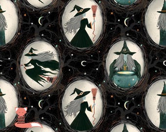 Remnant 1 yard, Witch Cameos on Black Fabric, Blank Quilting, 100% Cotton, 4862-99 Black