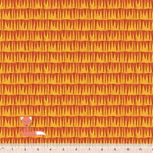 May include: Orange and red fabric with a repeating pattern of small triangles. A small orange fox with a white tail is sitting in the bottom center of the fabric.