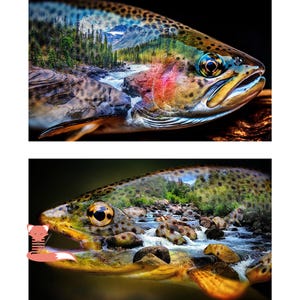 Peut inclure: Une œuvre d'art en double exposition représentant la tête d'une truite fusionnée avec un paysage de montagne. L'image du haut montre une rivière traversant une forêt vers des montagnes, tandis que celle du bas montre un ruisseau rocheux.