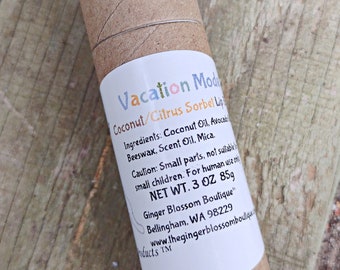 Vacation Mode Lip Balm, Summer, Gift, Holidays, Citrus, Fresh, New, Relax, Skincare, Earth Friendly, Recycle, Handmade, Lip care, Beach,