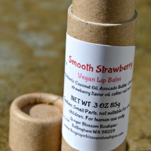 Smooth Strawberry Vegan Lip Balm, natural, lip care, moisturize, bath & body, cosmetics, vegan, strawberries, eco friendly, gift for vegan