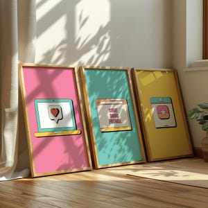 May include: Three framed art prints with a retro aesthetic. The first shows a laptop with a heart icon on a pink background. The second has a browser window with the text "CODE YOUR FUTURE" on a teal background. The third shows a phone app icon on a yellow background.
