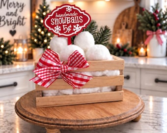handmade snowballs crate, red & white winter tiered tray decor, faux snowballs comes with sign, snowballs and bow Y03