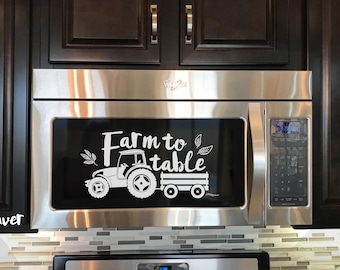 Microwave Decal - farm to table with tractor vintage farmhouse style  kitchen decal white vinyl kitchen decal