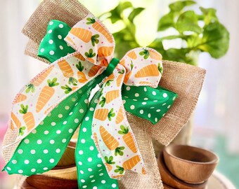 Carrot Patch Tiered tray bow, Easter decor, tiered tray bow 7" wide, wired ribbon, canister, spring wreath bow