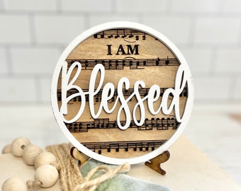 I am blessed white on wood religious Hymn | hymnal classic style round sign with sheet music background, Faith, decor 5.25"