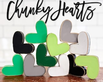 St Patrick's Day green, lime green, hunter green, black, white chunky hearts 2.25 " x 2" inch vignette hearts X23