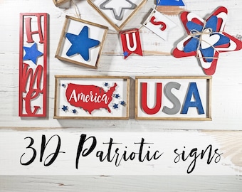 4th of July, Independence Day, Memorial Day farmhouse style 3D tiered tray & hutch decor patriotic displays