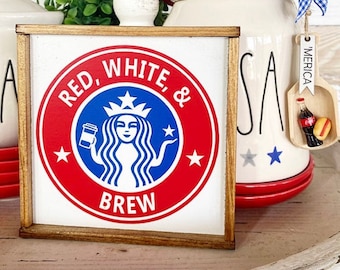 kaffeskylt, kaffebar 4 juli, självständighetsdagen, minnesdagen bondgård 3D-nivåbricka och burdekor patriotiska displayer