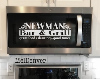 Microwave Decal -  custom family name bar and grill microwave oven kitchen decal white decal