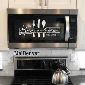 Microwave Decal -  custom family name established date microwave oven kitchen decal 12.5" x 5.5" white vinyl personalized kitchen decal