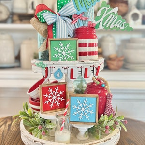 Merry and Bright colorful tiered tray, Christmas / winter / red green and blue vintage retro Christmas C32 image 2