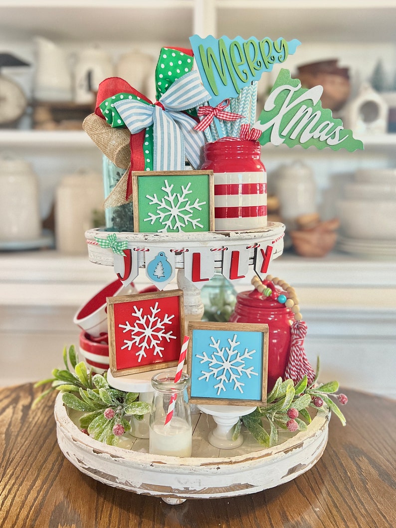 Merry and Bright colorful tiered tray, Christmas / winter / red green and blue vintage retro Christmas C32 image 2