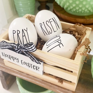 Happy Easter wooden eggs in crate or wooden egg holders, comes with 3 wooden eggs . Easter farmhouse cottage decor hope, pray, risen image 5