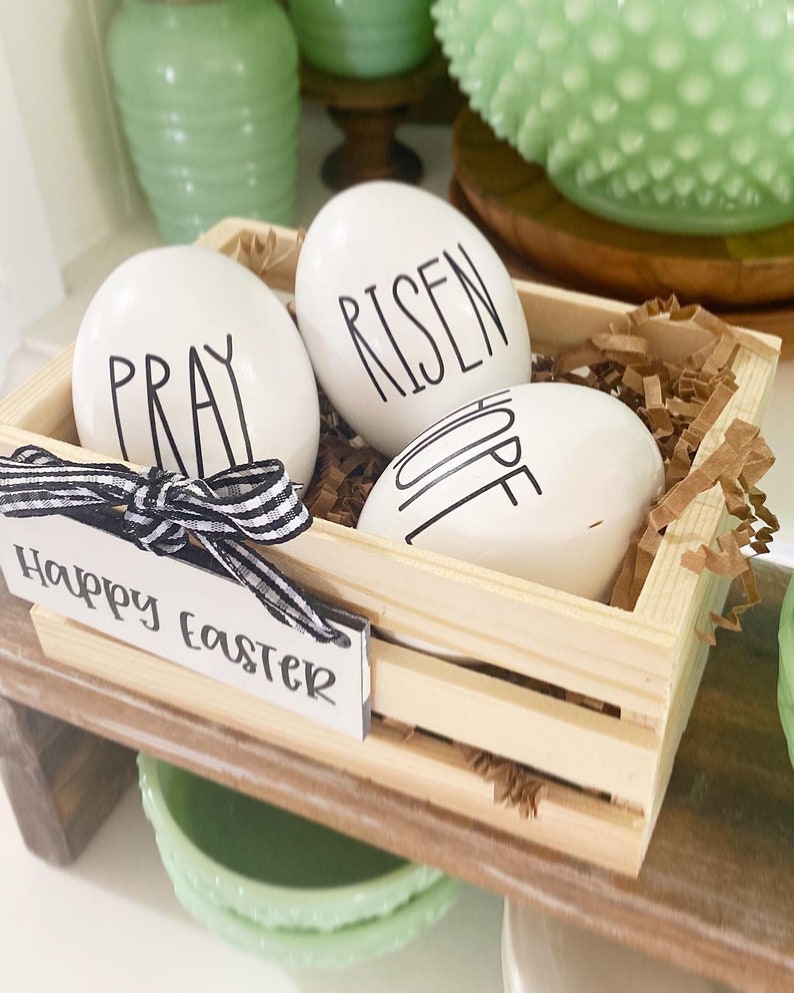 Happy Easter wooden eggs in crate or wooden egg holders, comes with 3 wooden eggs . Easter farmhouse cottage decor hope, pray, risen image 5