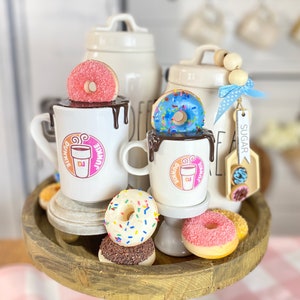 Dunkie Junkie faux donuts &/or mini or full size mug with donut faux chocolate topper, fake donuts, canister scoop, fake foods decor