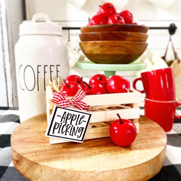 Apple picking crate comes with 5 apples - sized for tiered trays, 5x3 inches. Fall hutch or coffee bar decor