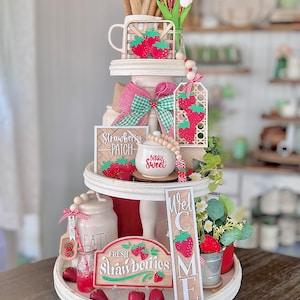 Strawberry decor, white & red summer tiered tray kitchen, dining room, gift, hutch decor farmhouse cottage decor S04