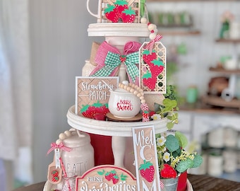 Strawberry decor, white & red summer tiered tray kitchen, dining room, gift, hutch decor farmhouse cottage decor S04