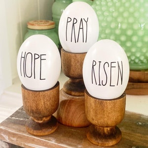 Happy Easter wooden eggs in crate or wooden egg holders, comes with 3 wooden eggs . Easter farmhouse cottage decor hope, pray, risen image 2