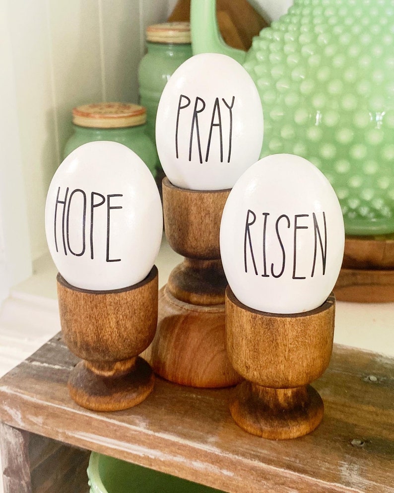 Happy Easter wooden eggs in crate or wooden egg holders, comes with 3 wooden eggs . Easter farmhouse cottage decor hope, pray, risen image 2