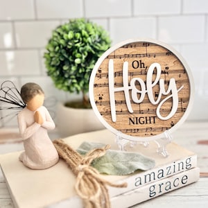 Faith white on wood religious Hymn | hymnal classic style round sign with sheet music background, Faith, decor 5.25&quot; Oh Holy Night