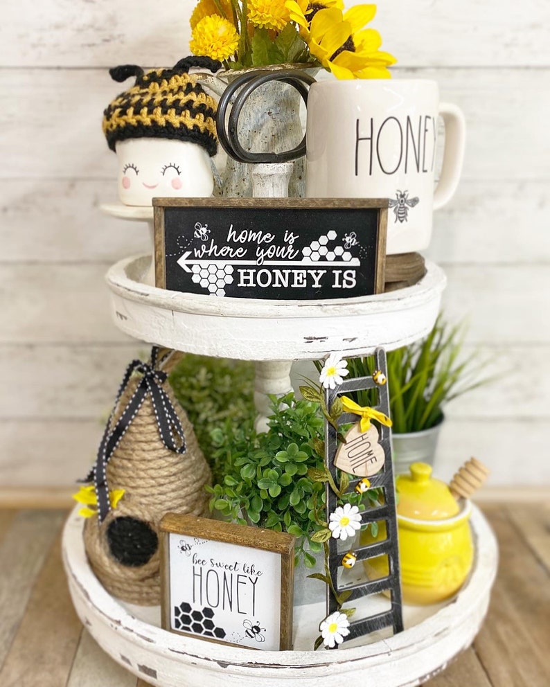 black, White & yellow honeybee /bumble bee tiered tray set Mix and match items, mini signs, garlands, rolling pin, scrabble tiles etc. B06 image 8