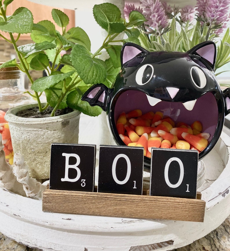 Halloween party decor, tiered tray Fall kitchen / dining room decor set H25 scrabble tiles/tray