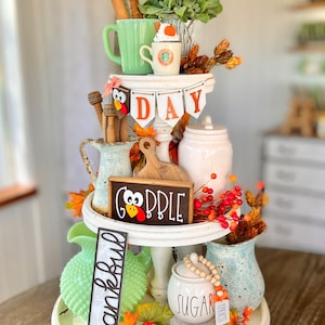 Thanksgiving / fall pumpkin farmhouse themed tiered tray garlands, 3D signs, sugar bowl beads, rolling pin, pumpkin spice latte T39