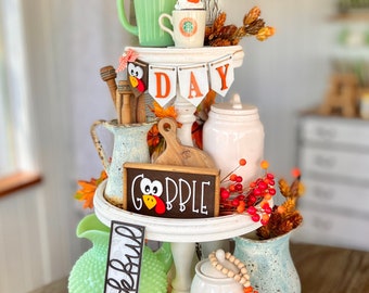 Thanksgiving / fall pumpkin farmhouse themed tiered tray garlands, 3D signs, sugar bowl beads, rolling pin, pumpkin spice latte T39