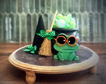 Bubble cauldron Halloween decor, tiered tray, vignette green bubbles, broom, witches hat X13