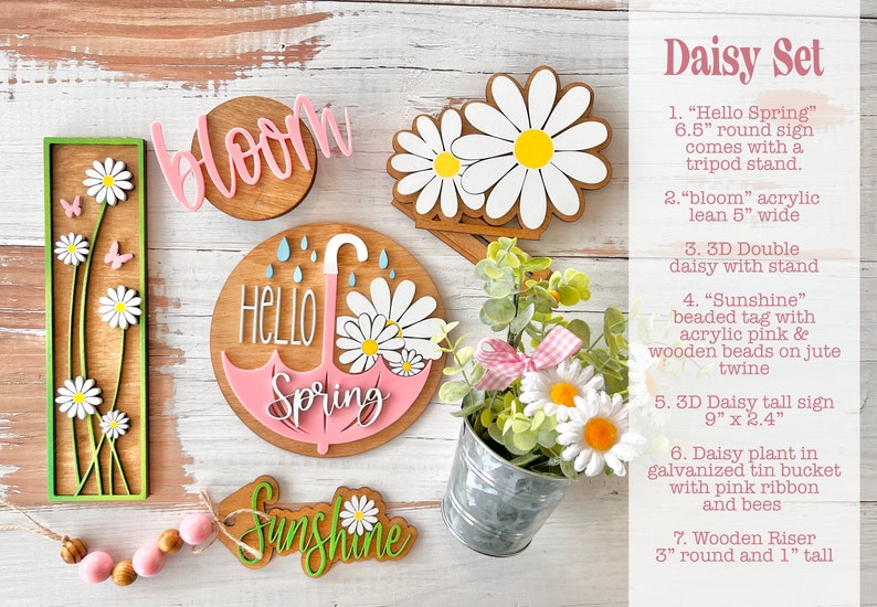 Daisy Spring set, adorable addition to your farmhouse / cottage tiered tray & hutch Dining room decor Centerpiece D62 The Set
