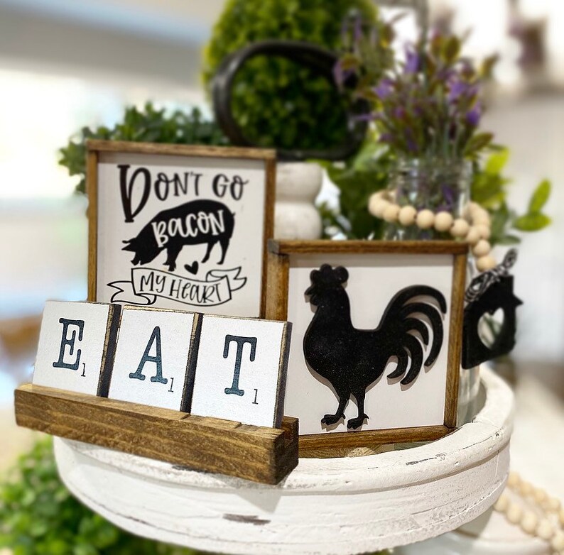 bacon my heart mini rolling pin etc Mix and match funny kitchen menu Farmhouse kitchen tiered tray black /& white EAT scrabble tiles