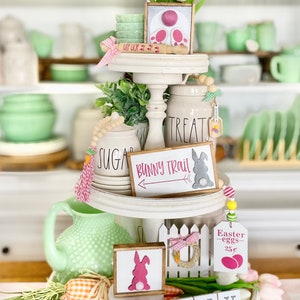 Easter / spring tiered tray set! Oh for Bunny trail, 3D bunny signs, hip hop, garlands, rolling pin etc. E47